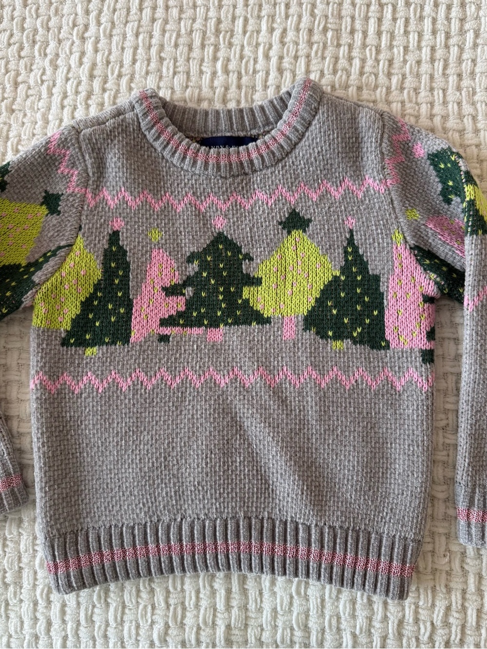 Andy & Evan Gray Knit Sweater with Pink, Green and Yellow Tree Pattern